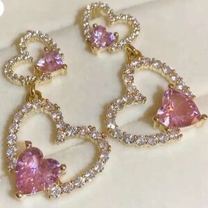 Double Heart Pink & White Rhinestone Zircon Gold Plated Drop Dangle Earrings NWT